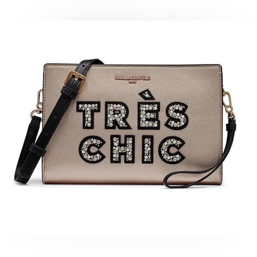 Karl Lagerfeld Metallic Gold 'TRES CHIC' Crossbody Bag with Black Strap